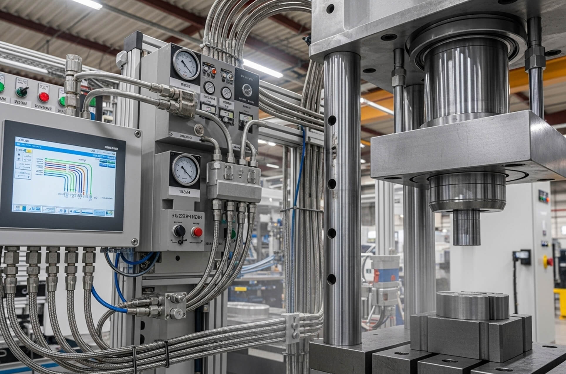 Hydraulic press with pressure gauges and pressure hoses