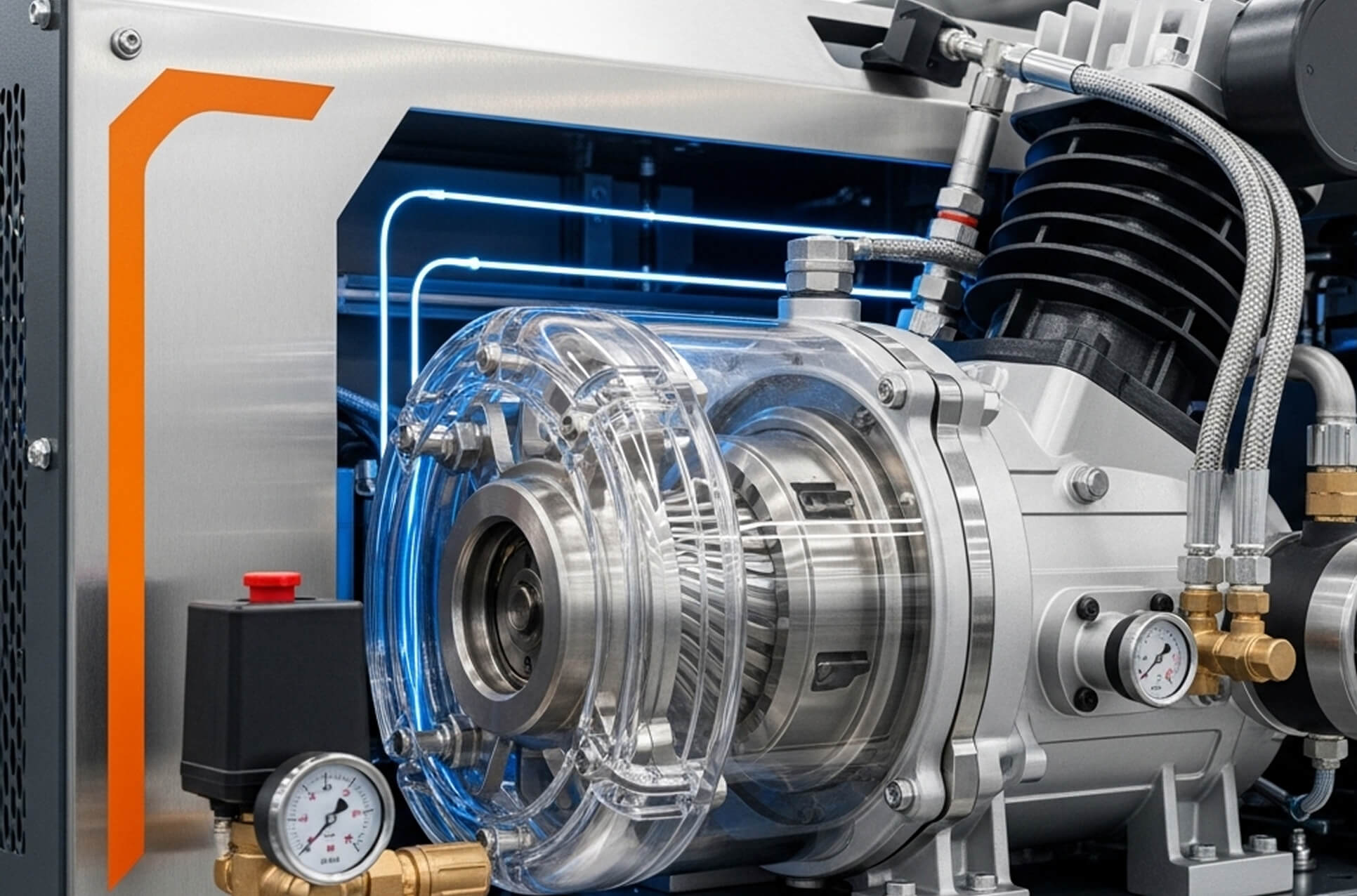 Inside an industrial air compressor with pressure gauges and oil lines