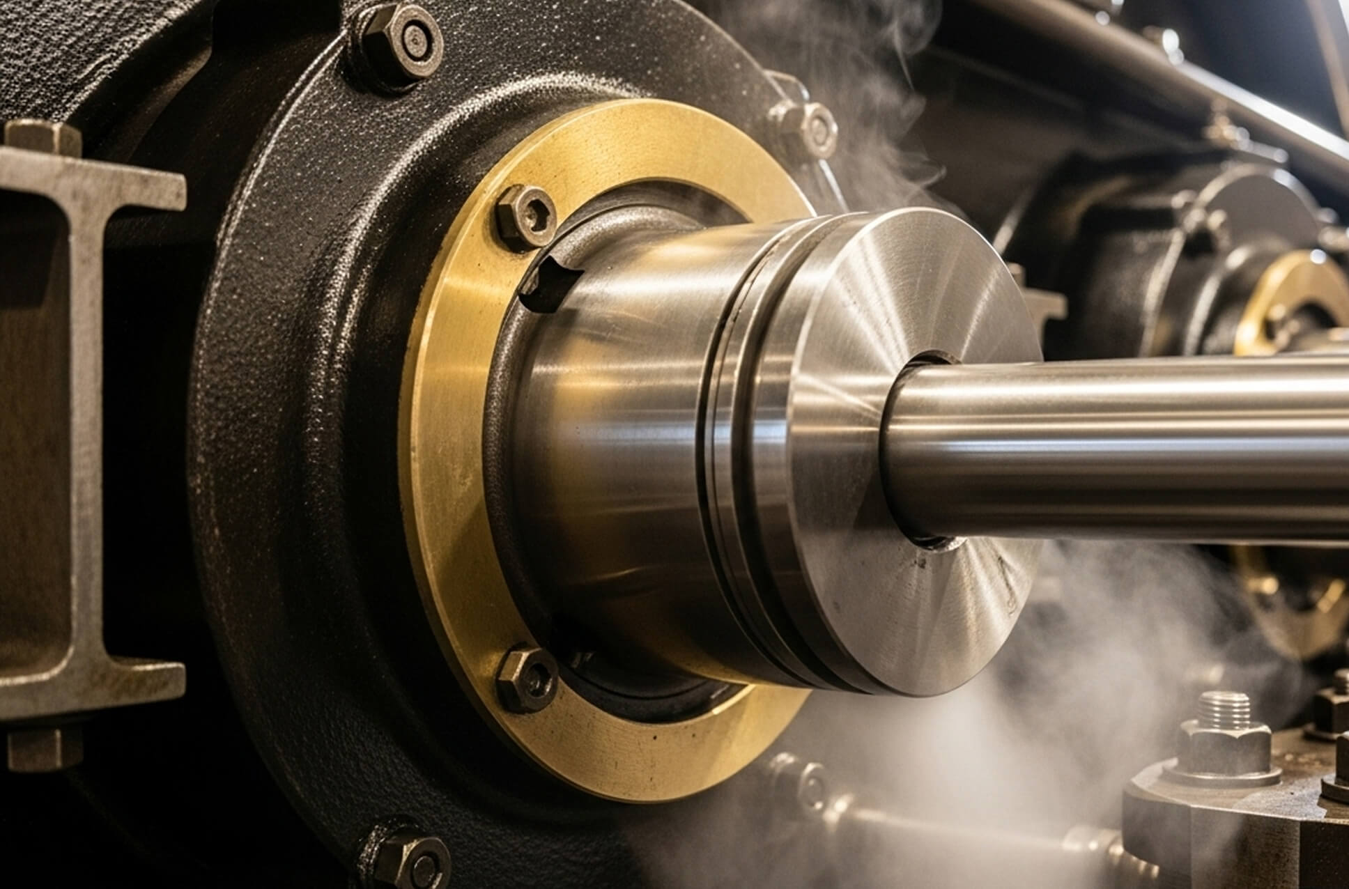 Steam cylinder piston rod in clouds of steam
