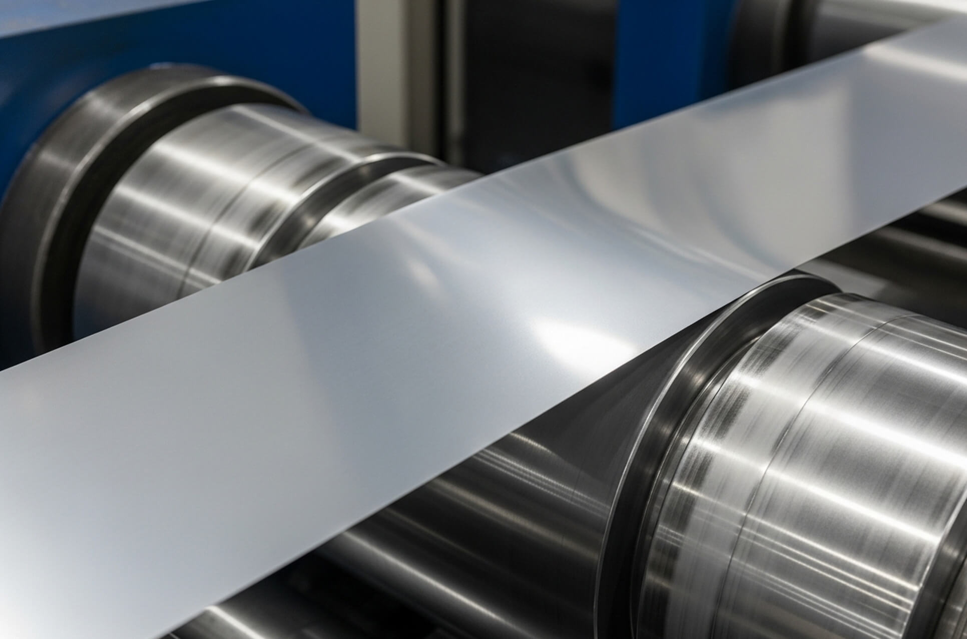 Metal strip between the rolls of a rolling mill