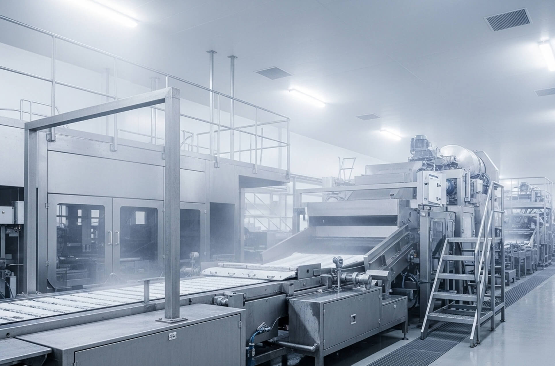 Production hall with machines and process lines